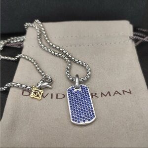 David Yurman Silver Necklace Pendant with Blue Crystal Dog Tag - Unbranded
